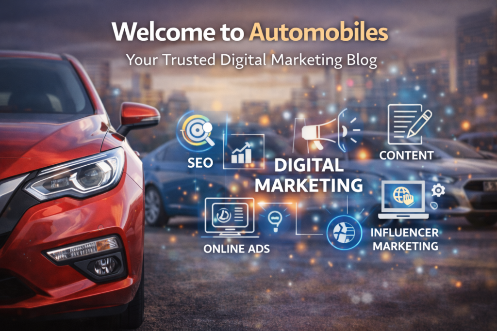 Automobiles digital marketing blog banner showing car image with SEO, content, and online marketing concepts