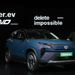 Tata Harrier EV electric SUV showcasing futuristic design, bold front look, and modern LED lighting