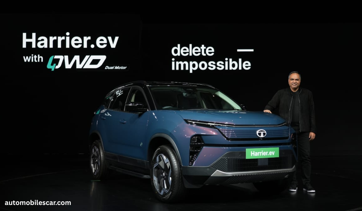 Tata Harrier EV electric SUV showcasing futuristic design, bold front look, and modern LED lighting