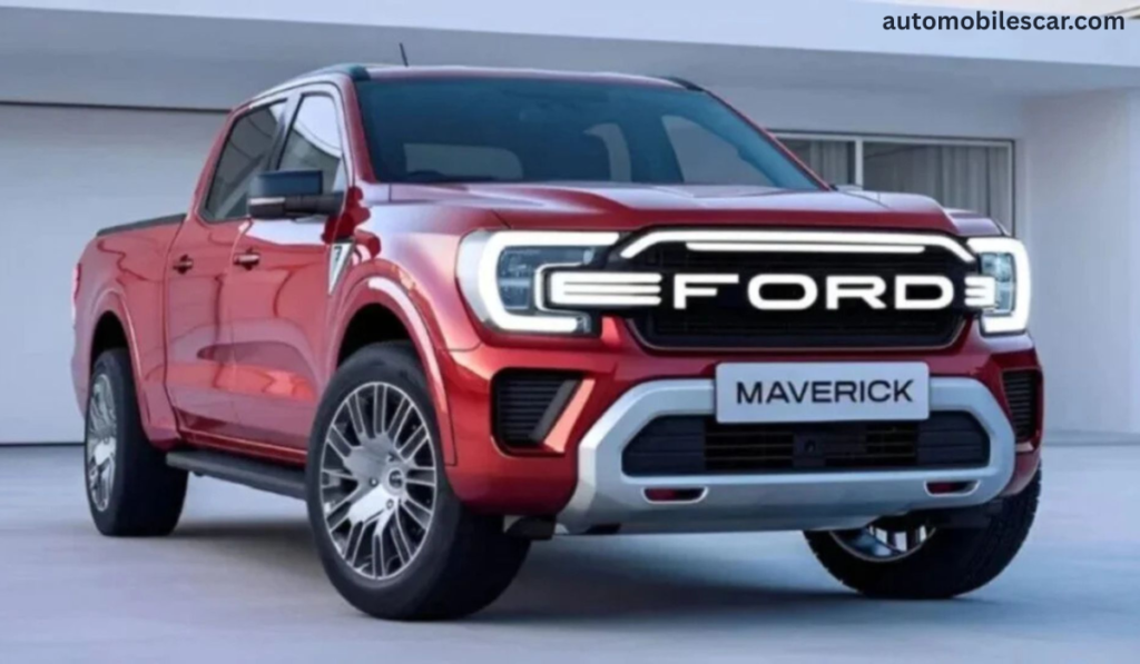 “Front three-quarter view of the new Ford Maverick compact pickup truck in metallic red”